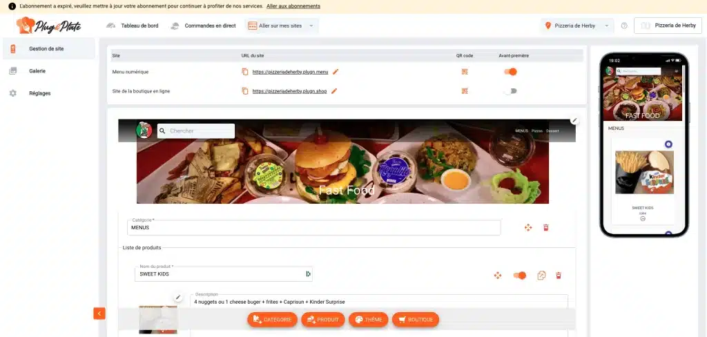 Interface de création de site internet pour restaurant