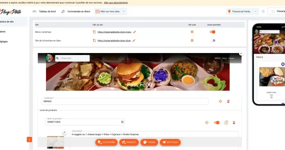 Interface de création de site internet pour restaurant